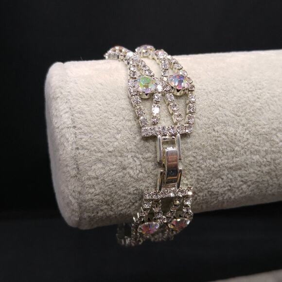 Vintage Clear & Aurora Borealis Rhinestone Bracelet Silver Tone 7 Inch - Picture 6 of 12